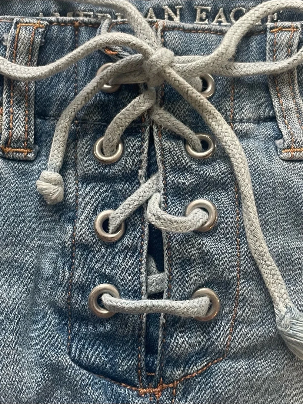 American Eagle Outfitters Light Blue Lace-Up Distressed Denim Shorts
